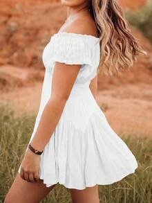 Women Summer Short Dress Solid Color Ruched Bust Boat Neck Off Shoulder Puff Sleeve A-Line One Piece For Ladies - White - View 4
