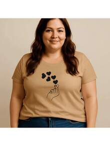 Women's Plus Size T-Shirt, 100% Cotton, Printed Finger Heart Design, Korean Drama/Kpop Style, Basic Premium Style, Round Neck, Short Sleeve, Casual Streetwear/Gym, Comfortable, Sizes G1 To G5 - 米色 - 查看 2