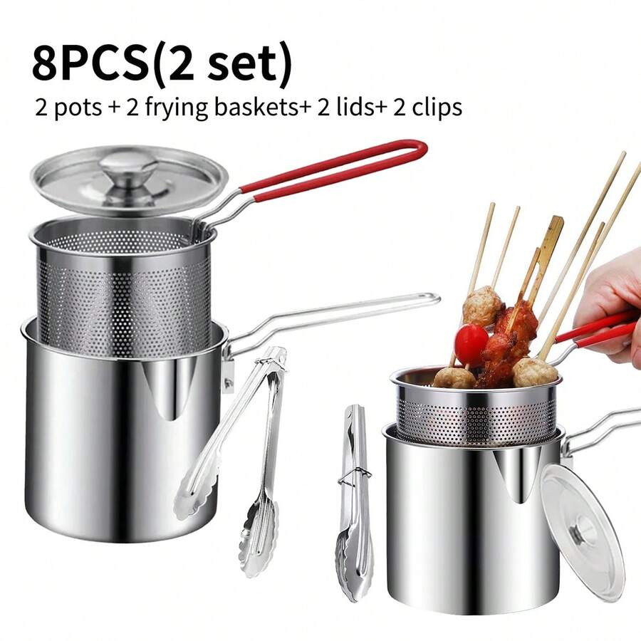 8pcs/ 2Set Small Stainless Steel Deep Fryer Pot With Fry Basket, Multifunctional Deep Fryer With Lid&Clips, Stock Pot, Stove Top Cooking Pot Deep Fryer With Basket For Cooking Chicken Wings, Seafood - A - View 1