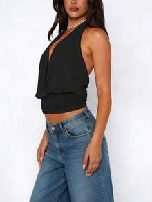 Womens Y2k Solid Color Loose Fit Crop Top Stylish Sleeveless Halter Neck Open Back Tank Vest Fashionable Going Out Cami Top For Summer Party Dailywear - màu đen - Xem 5