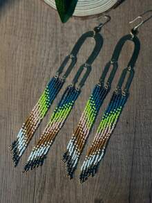 波西米亚风几何设计串珠耳环，U形金属长流苏耳环，饰以玻璃珠，米珠流苏耳环，手工时尚百搭首饰礼品 - 黃色 - 查看 4