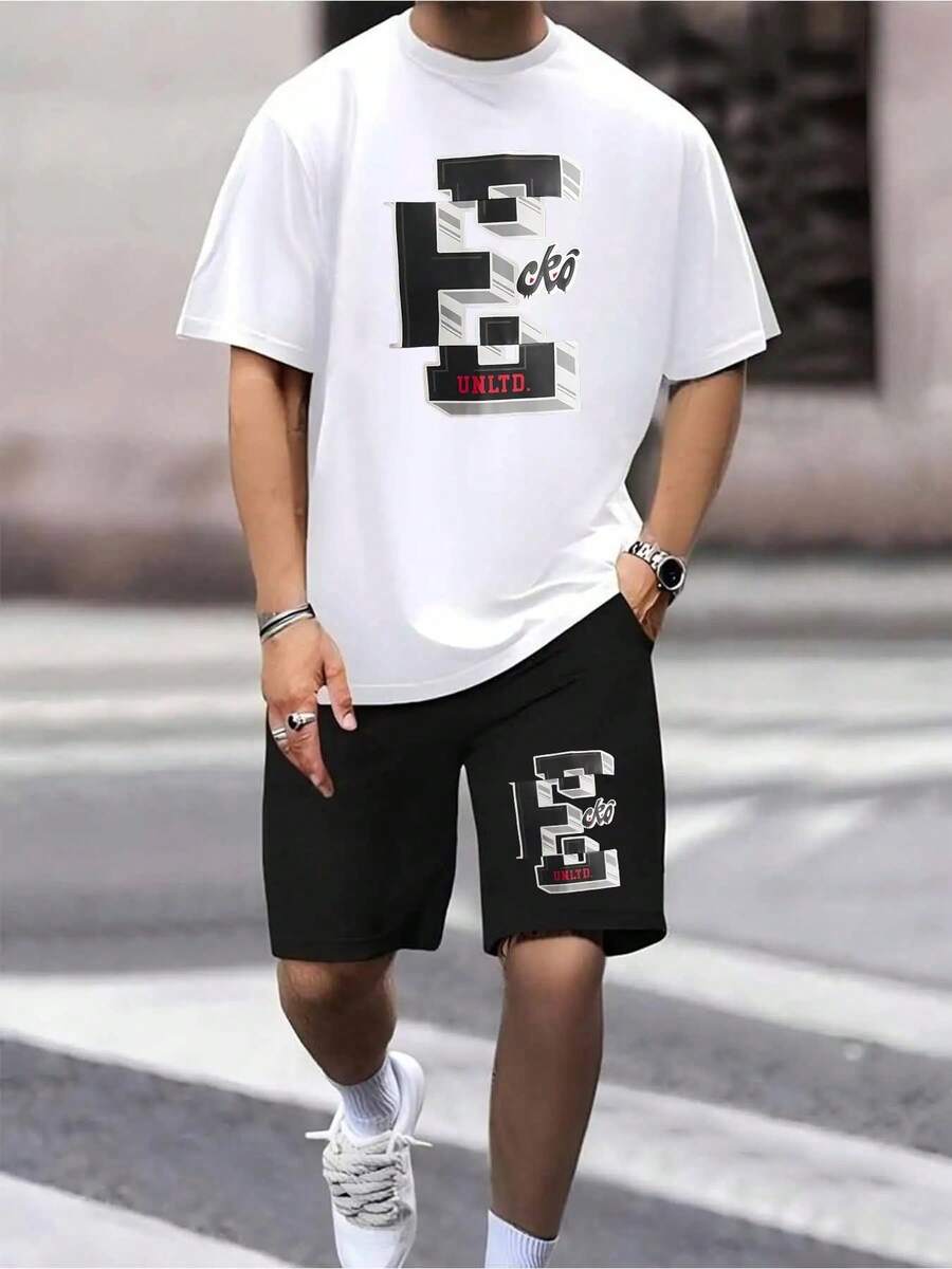 ECKO UNLIMITED Men's 2pcs Set - Bull Pattern & Ecko Unlimited Logo Graphic T-Shirt & Matching Shorts | Lightweight All-Season Casual Sports Outfit | Comfortable Gym, Lounge & Vacation Wear | Machine Washable 2pcs Set, Gym Clothing, Sporty Look, Durable Construction, Breathable Material, Printed Loungewear, Active Lifestyle - trắng - Xem 1