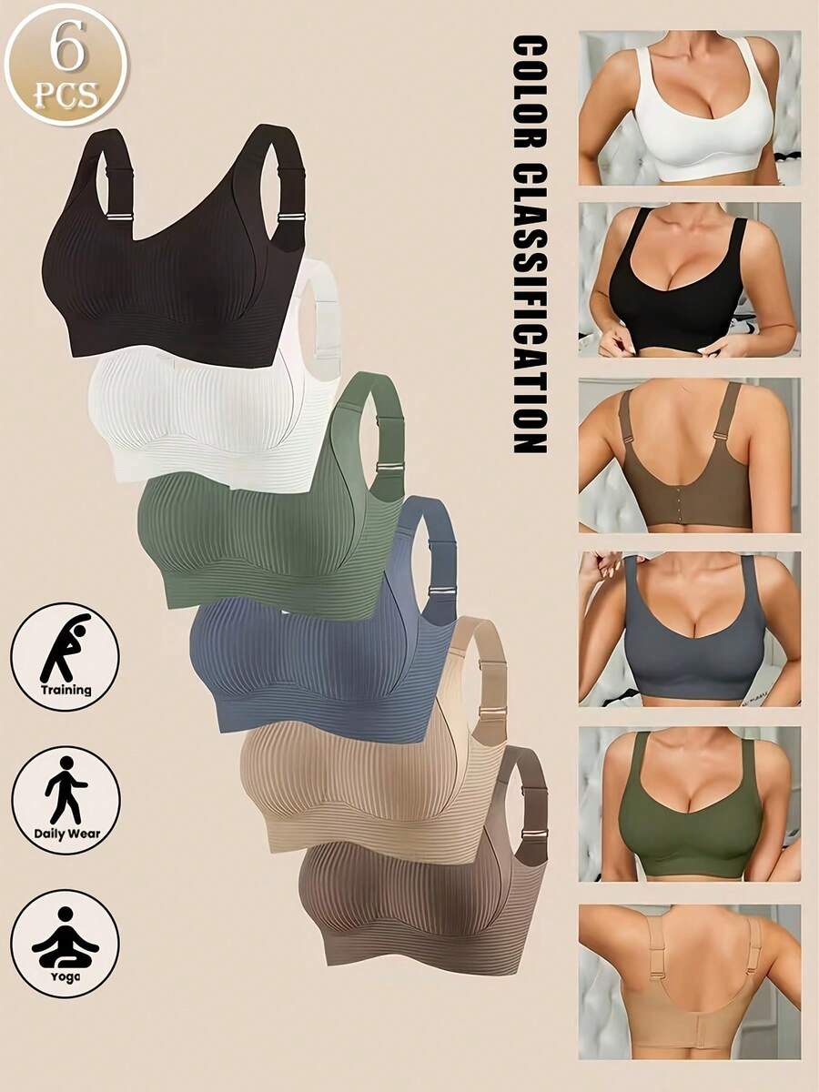 6-Piece Seamless Breathable Wireless Sports Bra For Women - Full Coverage Design, Anti-Slip Material, With Lifting And Support Functions, Comfortable To Wear, Ribbed Details, Made Of Nylon And Elastic Fiber Blend, Hand Wash. Elegant Solid Color Design. - Nhiều màu - Xem 1