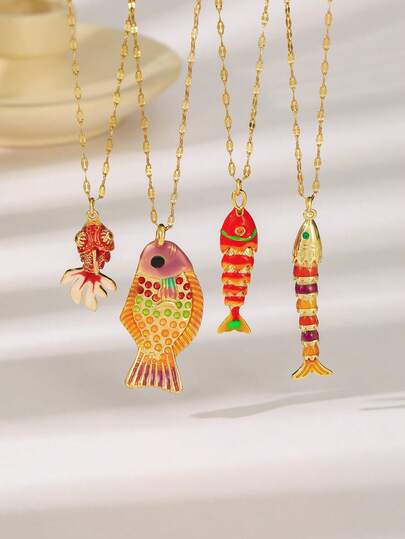  1pc New Stainless Steel Necklace, Unique Fish Shaped Colorful Red Enamel Pendant Design, Bohemian Style Fashion Necklace For Women, Suitable For Holidays, Vacation And Daily Wear