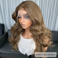 Karniklon 13x4 蕾丝前假发，18 英寸波浪卷合成假发，150% 密度，无胶蕾丝前假发，耐热纤维假发，适合日常、派对、节日、初学者使用 - 棕色 - 查看 4