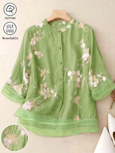 Blusa holgada de manga de murciélago con cuello en V, blusa casual con parches de bordado floral vintage de organza, blusa elegante con bordado floral bohemio para festivales, camisa vintage simple de diario con bordado botánico, blusas de manga corta para vacaciones de primavera