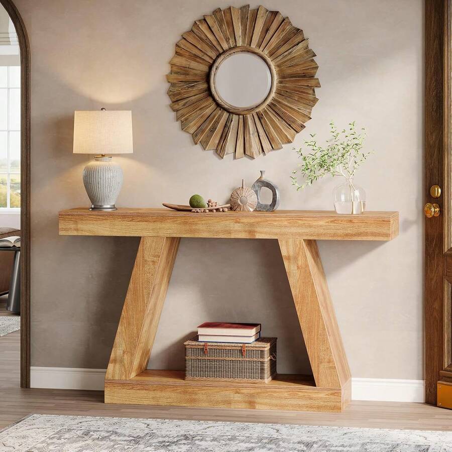 LITTLE TREE Narrow Console Table With Storage 140x30x80cm, Sofa Side Entryway Table For Hallway, Entrance & Small Living Spaces - Brown - View 1