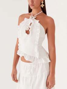 Women Y2K Ruffled Halter Top, Tie-Up Sleeveless Crop Tops Backless CamiSole Summer Cami Tops For Club Party Streetwear Aesthetic Tops - White - View 3