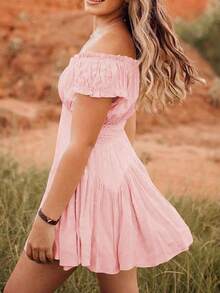 Women Summer Short Dress Solid Color Ruched Bust Boat Neck Off Shoulder Puff Sleeve A-Line One Piece For Ladies - Rosa - Ver 6