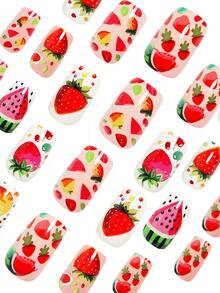 24片中号方形压花美甲贴纸，水果草莓西瓜菠萝全覆盖假指甲，适合女性和女孩，办公及日常佩戴，包含1张指甲胶纸和1个迷你指甲锉，随机果冻胶配送 - 彩色 - 查看 4
