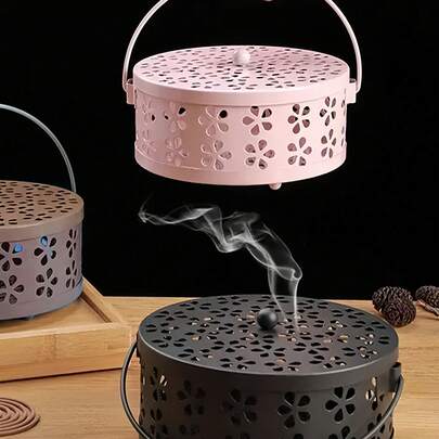 1个时尚复古风格蚊香架，带镂空花卉盖，可盛放香灰，加厚便携式铁质香炉，成人适用，可悬挂式蚊香架托盘，适用于后院帐篷、装饰香炉、婚礼家居装饰、庭院家具、驱蚊用品、户外房间用品、花园用品