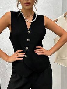 Cardigan Delgado para mujeres Chaleco sin mangas de cuello en V tejido para mujer. Estilo vintage francés veraniego. Silueta estilizada. Dobladillo irregular único y distintivo. Prenda exclusiva y distintiva. - Negro - Ver 5