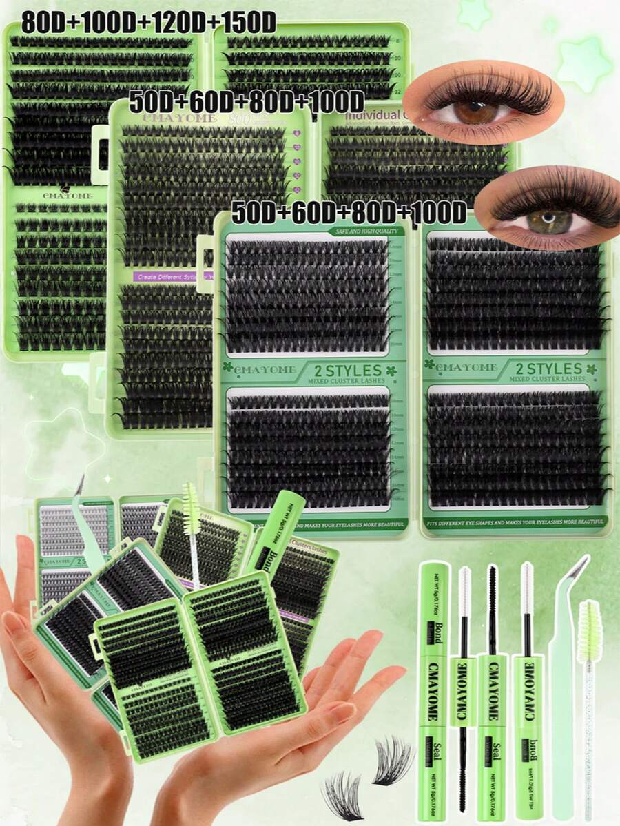 800/640/621PCS DIY Individual Eyelashes Clusters With Bond And Seal, Tweezers, Brush Set, D Curl 10D-150D High Capacity Eyelash Book, 10-16mm Mixed Length For Diy Different Makeup Beauty, Thick Fluffy Fake Lashes Extensions, Easy To Use Segmented Lashes, Suit For Daily,Wedding, Outdoor,Travel, Party, Music Festival Using, Gift For Women Lash Clusters Kit - 綠色 - 查看 1