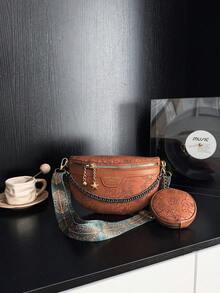 两件套压花时尚腰包和手提包，大容量，中国风 - 棕色 - 查看 6