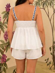 Women's Floral Print Camisole & A-Line Skirt Vacation Set, Fashionable Vacation Outfit Summer - Blue and White - View 4