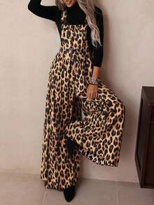 Women's Fashionable Casual Leopard Print Wide Leg Jumpsuit - Brown - View 1