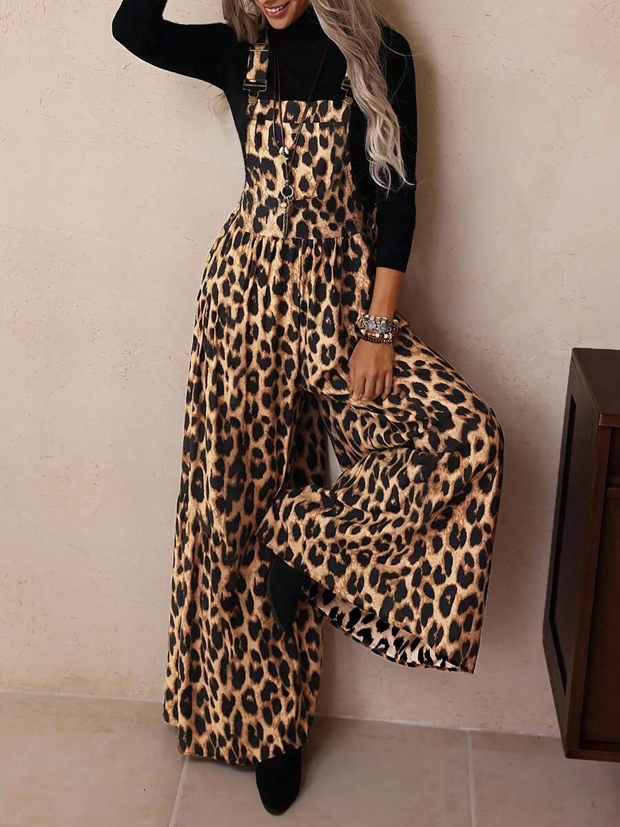 Women's Fashionable Casual Leopard Print Wide Leg Jumpsuit - Brown - View 1