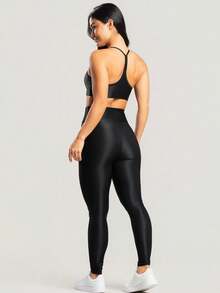 3-Piece Women's Fitness Set – 3 Tops And 3 Shiny Ribbed Leggings With High Waistband - Black + Brown + Green - View 4