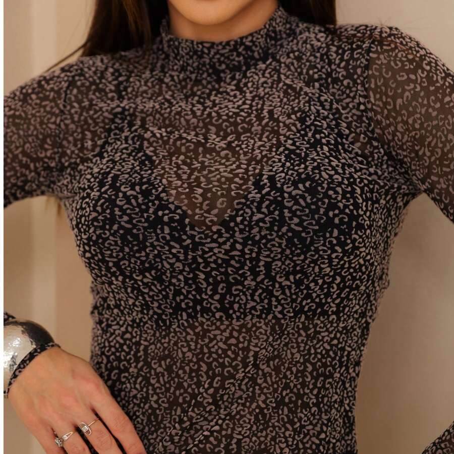 Tule Animal Print Feminina Transparente - Preto e Nude - Visão 1