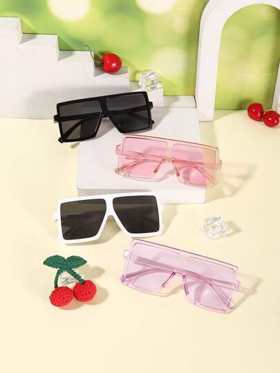 4 Pcs Girls 4-8Y Solid Color Polycarbonate Frame Oversized Square Fashion Glasses, Y2K Style Eyewear For Summer Beach, Birthday Party And Outdoor Play With Glasses Box
