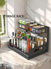Pull-Out Under Sink Storage Rack, Double-Layer Sliding Organizer Rack, Multi-Functional Under Sink Storage Rack Suitable For Kitchen And Bathroom, Space-Saving, Expandable Design, Easy To Clean, Applicable To Bathroom/Kitchen/Laundry Room, Tidy Home, Color: Black - Multicolor - View 7