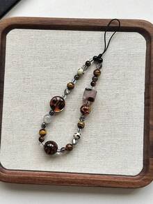 Retro Brown Leopard Print Cat Beaded Phone Lanyard, Elegant Short Wrist Strap Beaded Chain Camera Charm Pendant For Women - 琥珀手機掛繩 - 查看 2