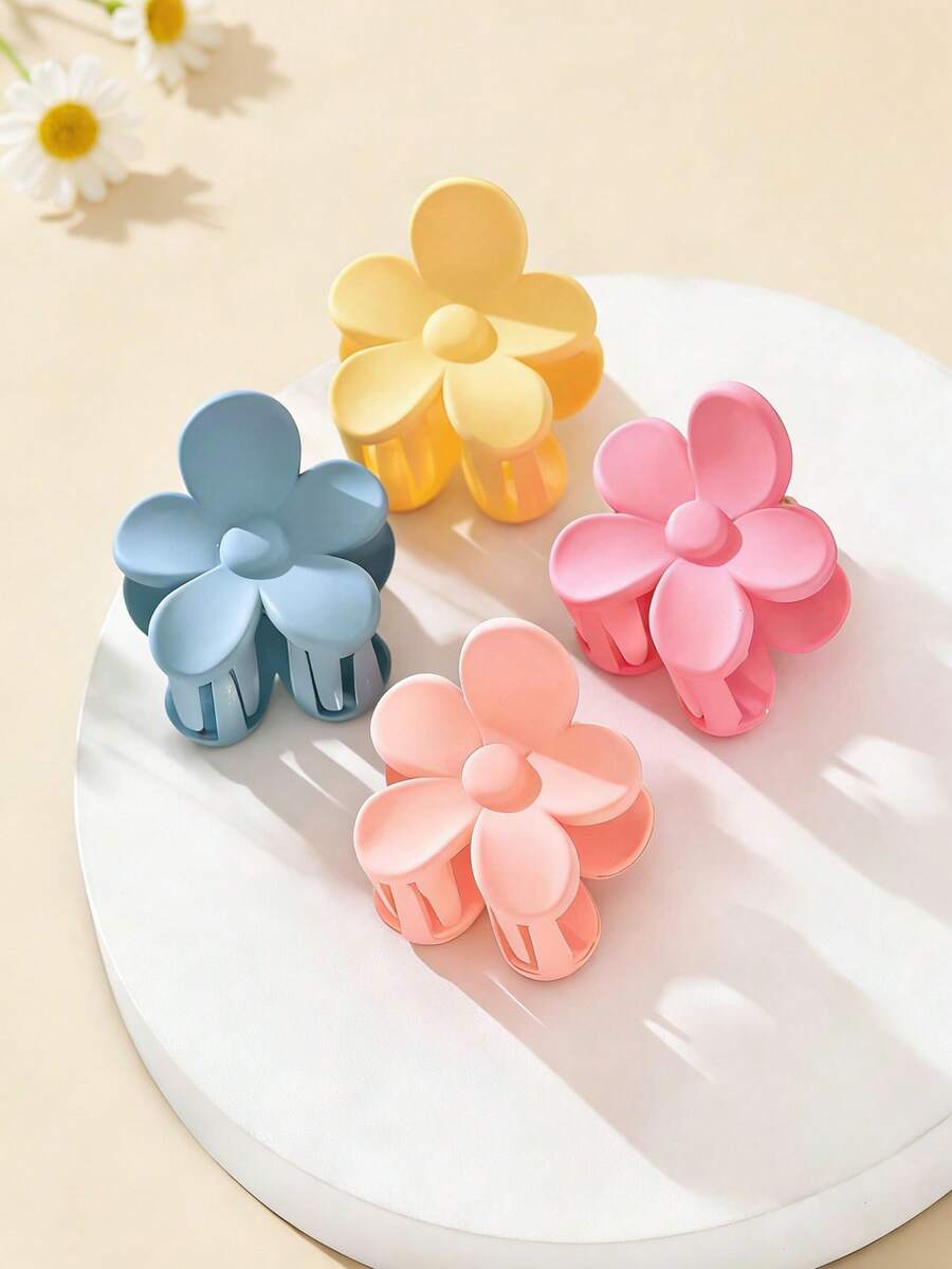 Set de 4 pinzas de pelo con diseño floral colorido minimalista para niñas, adecuadas para peinados de moño, combinación con atuendos diarios, primavera/verano - Multicolor - Ver 1