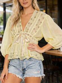 Women's Deep V-Neck Blouse Lace Patchwork 3/4 Sleeve Cinched Waist Bow Tie Front Slim Peplum Tops Streetwear - Light Green - View 3