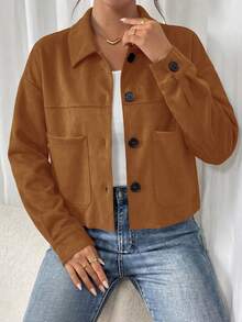 Women's Faux Suede Cropped Jacket Casual Fall Fashion Button Down Winter Coats Outerwear Clothes Christmas New Years Outfit Women - 棕色 - 查看 3