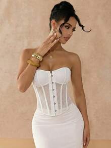 White Honeycomb Mesh Texture Bandeau Crop Top With Heart Neckline, Backless Criss-Cross Strap, Slim Waist Design, Breathable & Lightweight, Suitable For Dates, Parties, Sexy Look Summer - White - View 5