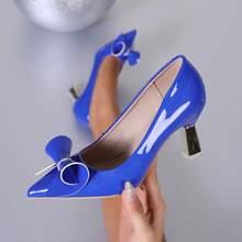 XCM Women's Royal Blue Patent Leather Pointed-Toe Flats With Elegant Bow Embellishments And A Metallic Chunky Heel; Lightweight And Comfortable Slip-On Dress Shoes, Designed Specifically For Women And Young Girls, Featuring A Stylish Bright Blue Hue And A Stable, Comfortable Mid-Heel Design; Suitable For Office Commutes, Everyday Wear, Banquets, And Parties. Also Suitable For All Seasons, Including Wedding And Party Shoes - 藍色 - 查看 1