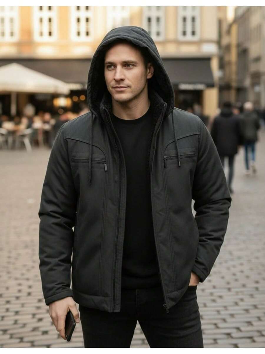 Men's Winter Jacket/Coat In Twill Fabric With Warm Lining And Hood - Black - View 1