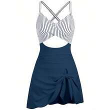 Women One Piece Swimdress Tummy Control Bathing Suit Push Up Swimsuit Modest Swimwear CutOut V Neck Cute Tie Knot Skirt - 白色和黑色條紋,帶藍色 - 查看 7