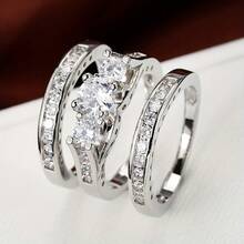 一套经典闪亮银主石+双排钻石三件套戒指，适合日常佩戴、婚礼/订婚。 - 戒指套裝 - 查看 6