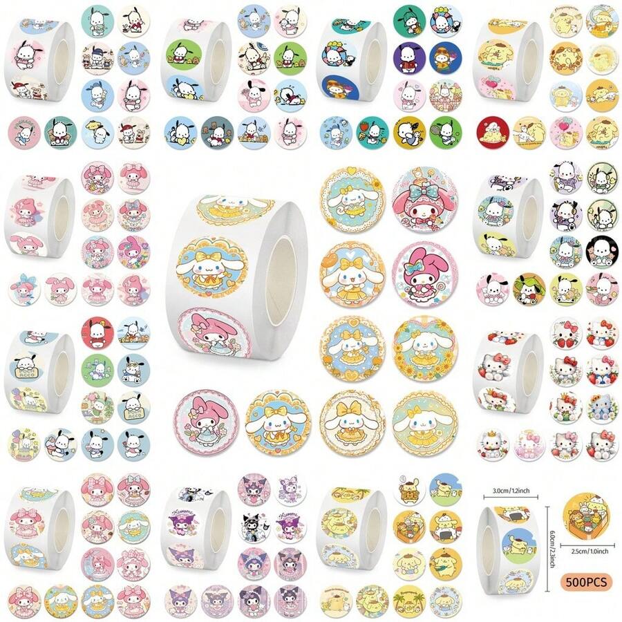 SANRIO 1 rolka (500 arkuszy) , , rolka naklejek  - urocze naklejki z motywem kreskówek, idealne do rękodzieła, dekoracji pamiętnika, pieczętowania i notatnika - F - Zobacz 1