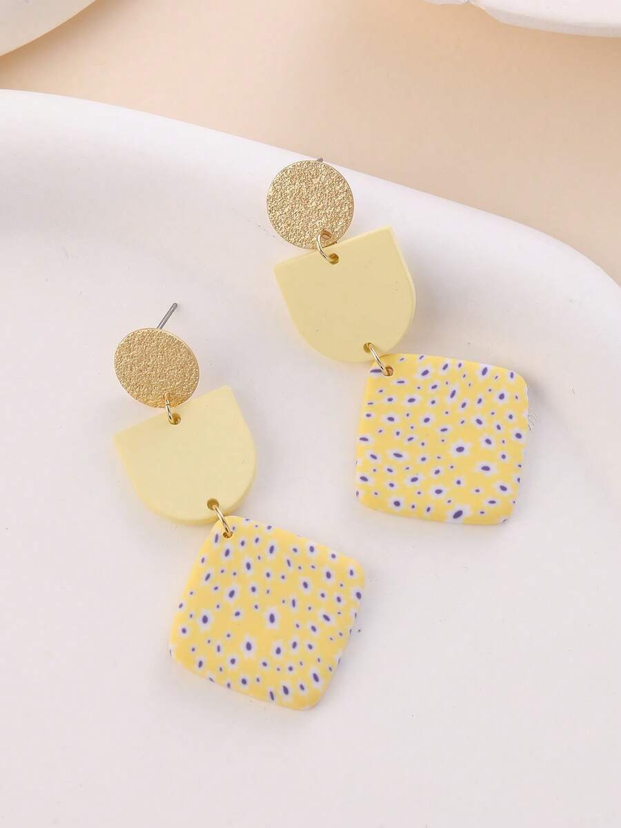 一对手工制作的亮黄色波点几何吊坠耳环，活泼明快，适合度假佩戴，也可作为纪念品。 - 黃色 - 查看 1