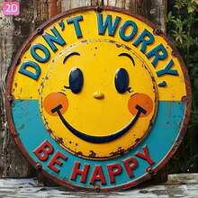 2D 平面 1 件裝「Don't Worry! Be Happy!」牆面藝術標誌，亮黃色笑臉搭配粗體藍色字母，室內/室外激勵禮品，適合辦公室、健身房、學校、心理健康空間與辦公室裝飾 - 多色 - 查看 1