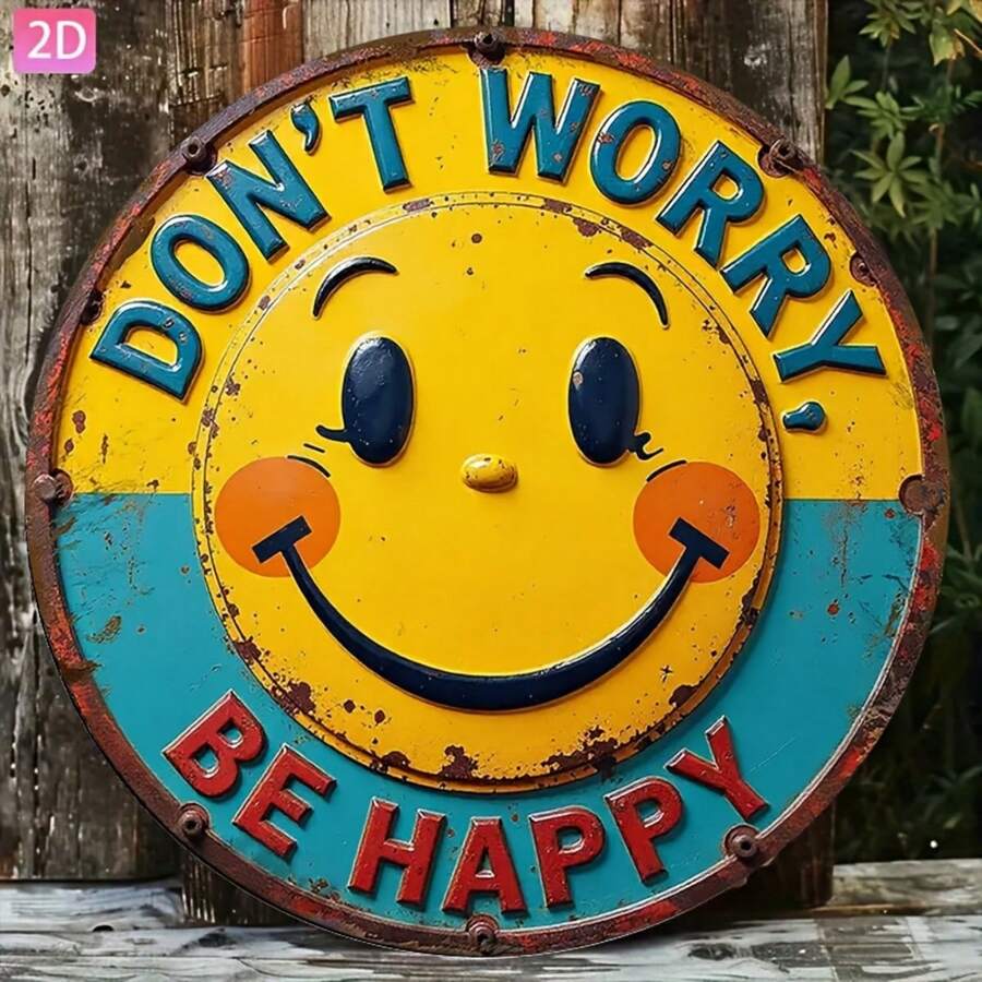 2D 平面 1 件裝「Don't Worry! Be Happy!」牆面藝術標誌,亮黃色笑臉搭配粗體藍色字母,室內/室外激勵禮品,適合辦公室、健身房、學校、心理健康空間與辦公室裝飾 - 多色 - 查看 1