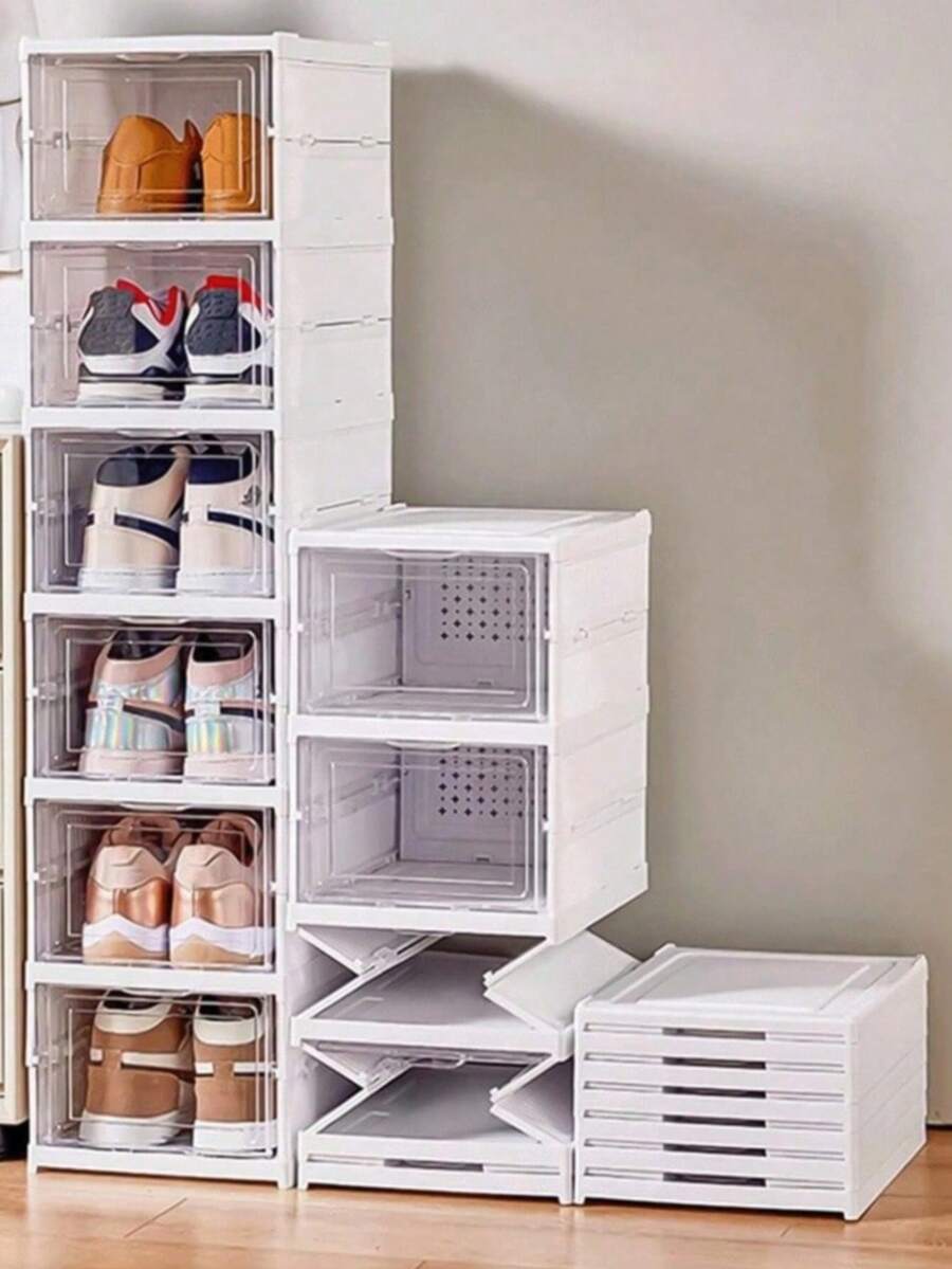 1/3/6-Layer Installation-Free Folding Shoe Box, Breathable Shoe Storage Box, Plastic Shoe Cabinet, Dust-Proof Household Storage Box, Large Capacity Space-Saving Artifact, With Easy-To-Access Front Waterproof Transparent Plastic Storage Box, No Assembly Required - Perfect For Wardrobes And Entryways, Shoe Storage Box - 查看 1