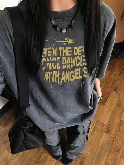 Classic Vintage American Style Washed Black Loose Casual Street Y2K Graphic Tee Shirt For Women, Spring/Summer