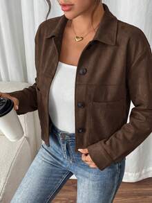 Women's Faux Suede Cropped Jacket Casual Fall Fashion Button Down Winter Coats Outerwear Clothes Christmas New Years Outfit Women - 深棕色 - 查看 4