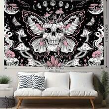1 Tapeçaria Gótica de Poliéster - Padrão Horizontal de Caveira e Borboleta, Tecido Macio e Amigável à Pele, Tapeçaria com Estampa de Caveira e Borboleta, Decoração Elegante de Parede para Casa. Inclui Kit de Instalação Gratuito para Pendurar Facilmente. Disponível em Vários Tamanhos. Bandeiras de Decoração de Quarto, Decorações de Quarto, Tapeçarias, Arte de Parede, Suprimentos de Quarto, Faixas de Quarto, Decoração de Casa, Decorações de Parede - Borboleta Caveira - Visão 2