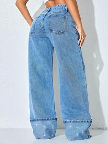 女士夏季低腰休闲牛仔裤，饰有水钻 - Blue Ambition - 查看 2