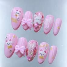 Pastel Pink 2026 New Handmade Press On Nails, Cute Bunny Print 3D Bow Glitter Rhinestone Almond Shape, Removable Reusable Fashionable Unique False Nails - Pink - View 2