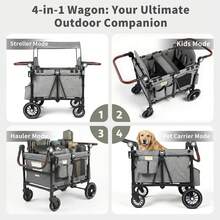Kinder King Wagon Stroller For 4 Kids, All-Terrain Foldable Outdoor Stroller Wagon 4 Seater, Removable Canopy, Adjustable Handle, Shock-Absorbing Wheel, Detachable Tray, Large Storage, Gray - Xám - Xem 5