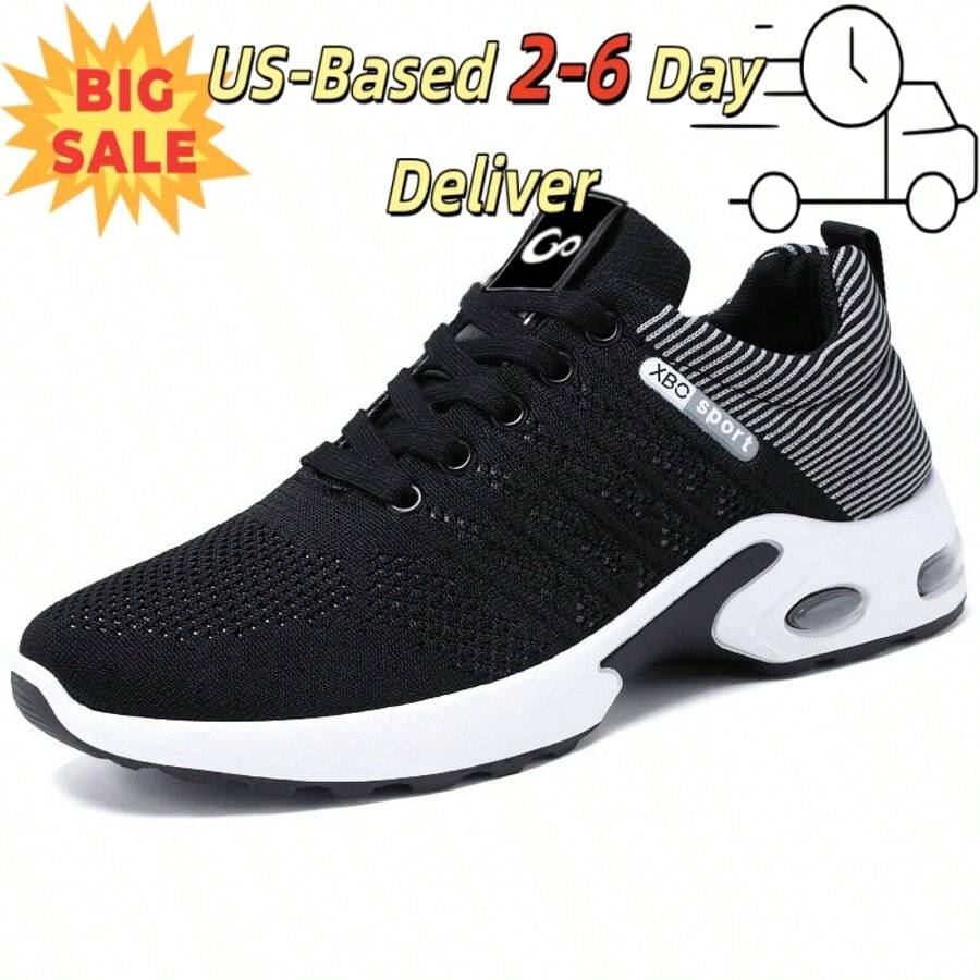 Men's Lightweight Athletic Shoes: Breathable Air Cushion Running Sneakers With Non-Slip Sole & Lace-Up Closure | Durable Abrasion-Resistant Gym Shoes For Jogging, Workouts & Fitness Training | Comfortable Walking Shoes For Active Men.Zapatos De Hombre,Platform Sneakers,Gifts For Men.Black And White Shoes.Shoes For Men>Sneakers. - 黑色 - 查看 1