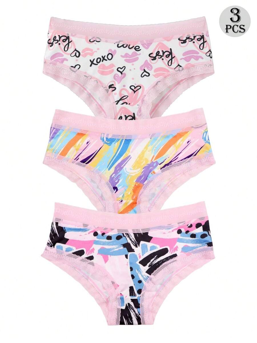 Dircho 3pcs Sexy Contrast Pink Lace Hipster Panties, Allover Print Comfy Silky Intimates Briefs Panties, Women's Underwear & Lingerie - Multicolor - View 1