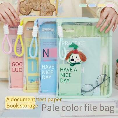 Bolsa de archivo transparente de colores pastel con asa, organizador de libros/papeles de alta calidad con cremallera y divisores de materias para estudiantes