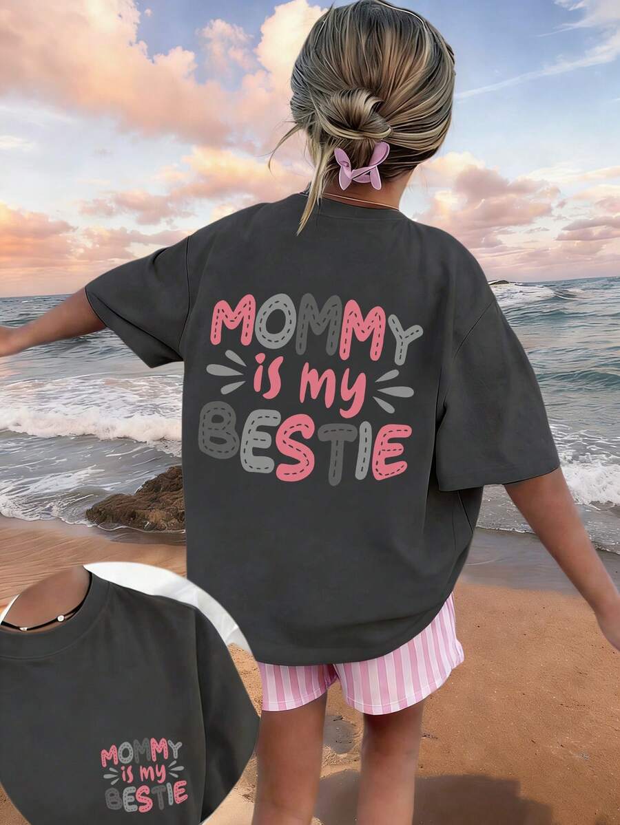 Blusa informal de manga corta y cuello redondo con estampado gráfico para niñas preadolescentes, ideal para el verano - Gris Oscuro - Ver 1