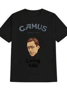 Women's Retro French Literary Theme T-Shirt - Inspired By Albert Camus's *The Living Dead* And *The Plague*, This Casual Crew Neck Summer T-Shirt Is Machine Washable In Black And Perfect For Book Lovers And Philosophy Enthusiasts. Featuring A Retro Patchwork Pattern. - 黑色 - 查看 1